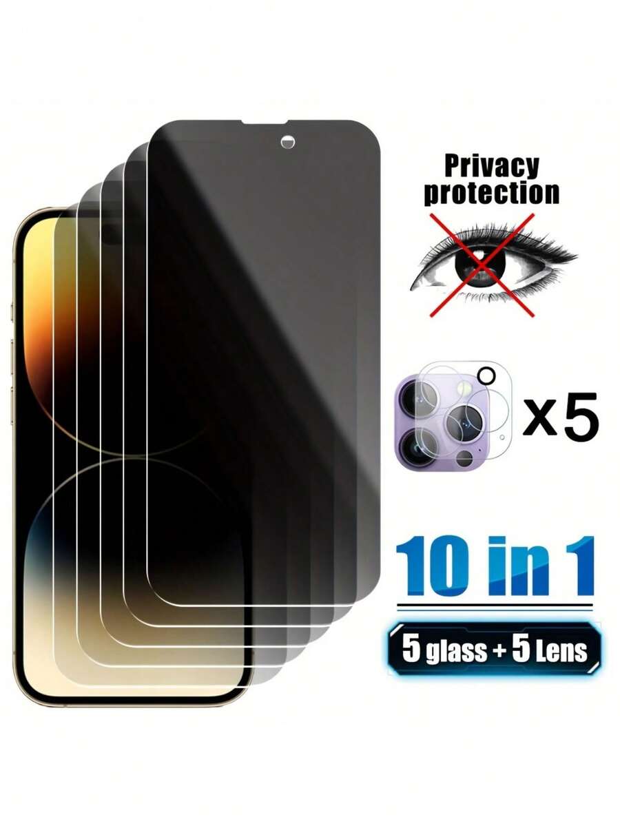[10 IN 1] 5 Pcs Compatible With IPhone Tempered Glass Screen Protector - Maximum Full Coverage With Anti-Peeping Technology, Durable And Scratch-Resistant, (5Pcs) Crystal-Clear Camera Lens Glass - Universally Compatible With IPhone 17/16/16e/15/14/13/13 Pro/12/11/17Pro Max/17 Air/16 Pro Max/15 Pro Max/14 Pro/Plus/Mini Models - Clear - View 1