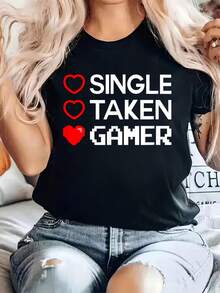 100% camiseta de algodón Camiseta de jugador soltero Camiseta de San Valentín Corazón de juego Camiseta divertida Camiseta casual impresa 100% algodón Camiseta para mujeres, camisetas de verano de manga corta, camiseta gráfica, tops para mujeres - Negro - Ver 1