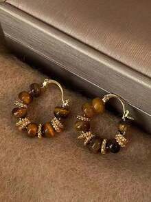 1 Pair Women's Bohemian Style Golden Beaded Tiger Eye Stone Earrings, Suitable For Daily Wear, Dates, Parties And Banquets - Multicolor - View 6
