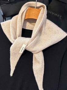 100% Wool Knitted Triangle Scarf/Shawl For Women, Warm Neck Wrap, Multi-Functional Versatile Small Scarf, Autumn/Winter - Beige - View 3
