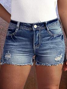 Women's Fashionable Ripped Skinny Denim Shorts - Blue - View 3