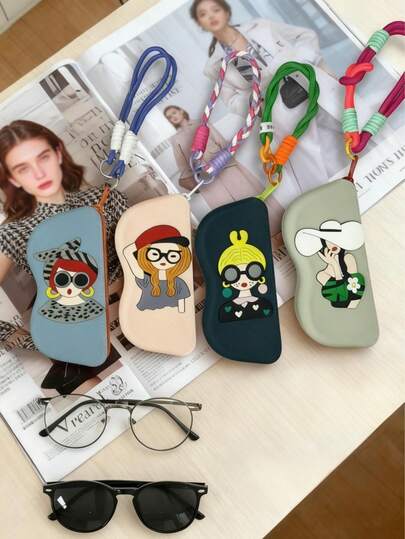 硅胶拉链眼镜盒，附赠清洁布 - 卡通女孩贴纸和挂绳，防水防震防尘 - 便携式太阳镜/眼镜收纳盒，旅行必备，母亲节、送给女儿、女友和妻子的理想礼物