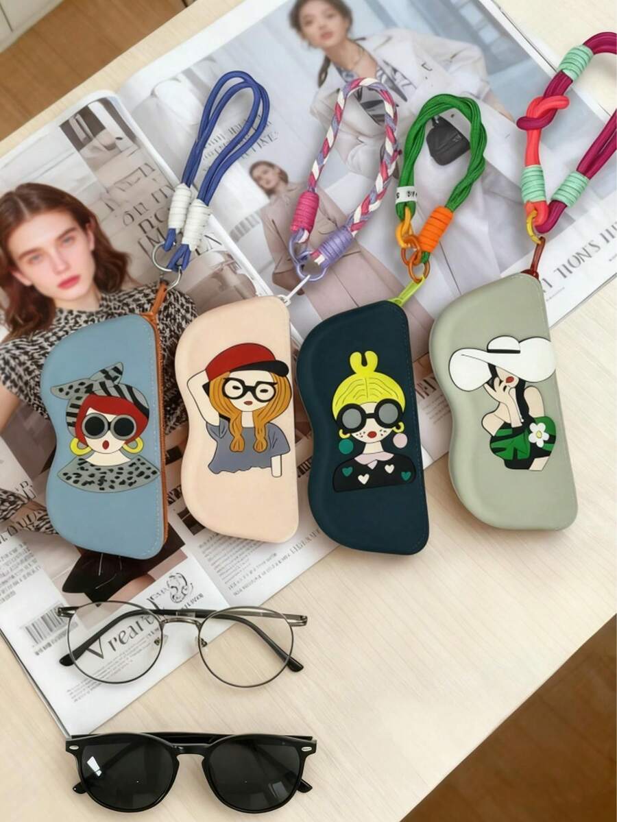 Fashionable Cartoon Girl Pattern Silicone Pouch, Waterproof Shockproof Dustproof Glasses Case, Portable Small Item Storage Bag, Comes With Glasses Cleaning Cloth, Ideal Storage Accessory - Multicolor - View 1
