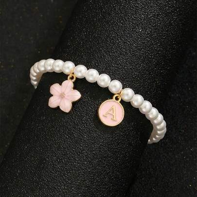 1pc Elegant Fashionable Pink 5-Petal Flower & English Letter Zinc Alloy Multi-Pendant Handmade Beaded Bracelet, Suitable For Children, Girls, Family, Friends, Summer, Travel, Street Fashion Accessory, Suitable For Daily Decoration, Holiday Birthday Gifts, Children's Jewelry