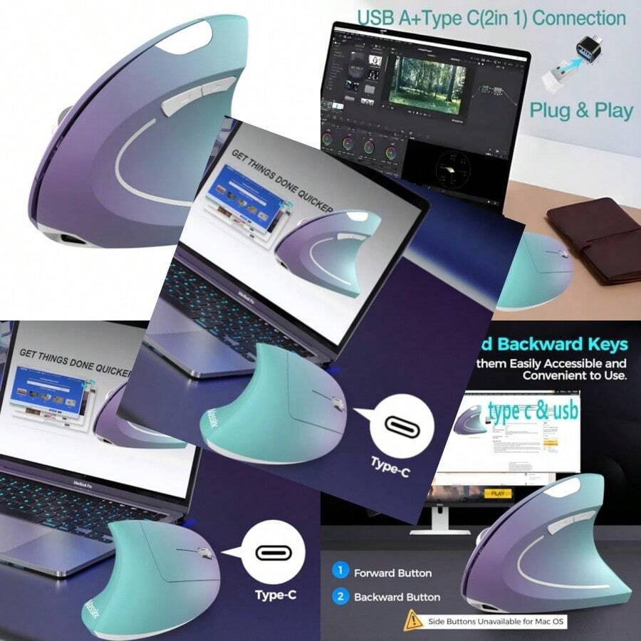 Vassink - mouse ergonómico inalámbrico recargable USB A+tipo C 2 pulgadas 1 conexión 800/1200/1600 DPI 6 bos túnel carpiano de 2.4 GHz ras verticales para computadora portátil-0002 - Morado - Ver 1