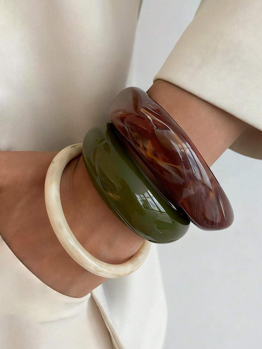 1件/3件/套 波西米亚几何弧形树脂手链，奢华休闲派对女士及情侣婚礼节日百搭金属饰品手链礼物（手链的图案和颜色以实物为准） - 彩色 - 查看 1