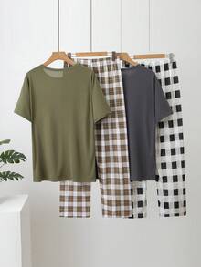 4 piezas Conjunto de pijama ligero para hombres, top de manga corta y pantalones largos - Multicolor - Ver 2