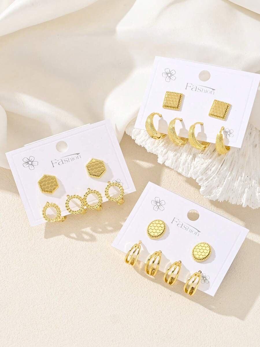 Conjunto de 6 brincos geométricos, ideal para mulheres, brincos de cobre banhados a ouro 18K, joias com pinos, presente perfeito para o Dia dos Namorados e Dia das Mães. - Ouro - Ver 1