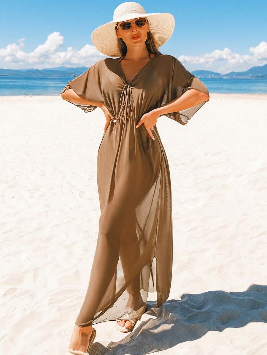 咖啡色纯色轻薄罩衫 女士短袖V领胸前抽绳腰部褶皱长开衩下摆 度假防晒 - 咖啡棕 - 查看 1