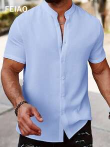 Men's Vintage Coin Style Button Front Sky Blue Waffle Knit Short Sleeve Polo Shirt - Baby Blue - View 3