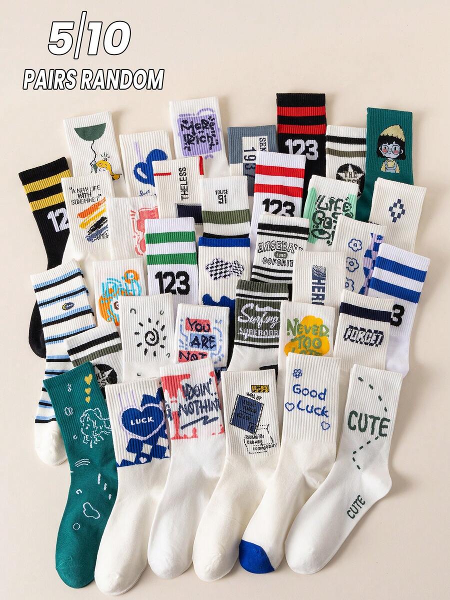 5/10 Pairs Unisex Heart & Stripe Pattern Socks, Suitable For Casual Gatherings, Dates, Festivals, Parties, Paired With Leggings And Sneakers, Spring/Autumn - Multicolor - View 1