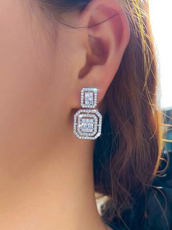 1 Pair Shiny Cubic Zirconia Square Dangle Drop Earrings, Silver Plated & Yellow Gold Plated CZ Bridal Jewelry For Brides, Bridesmaids, Wedding, Engagement, Banquet, Party, Prom, Gift For Women, Girlfriends, Wife, Mother