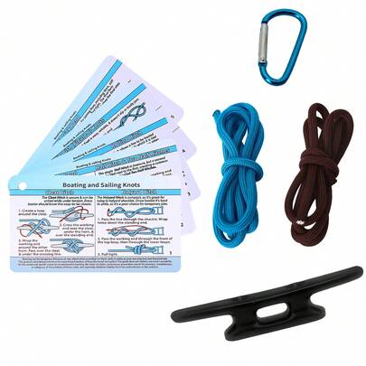 1 Set Kit de anudado náutico para navegantes y marineros, 5 tarjetas de nudos con 1 clip organizador, 1 cornamusa, 2 piezas de cordaje - Incluye 20 nudos comunes de navegación y vela, kit de práctica de nudos náuticos, libro de instrucciones de nudos resistente al agua, regalo para navegantes y marineros