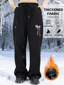 Plus Size Women's Trousers With Wide Legs And Adjustable Drawstring Trousers With Pockets Casual And Light Bow Print Wide Leg Pants Explosion In Autumn And Winter. - Black - View 2