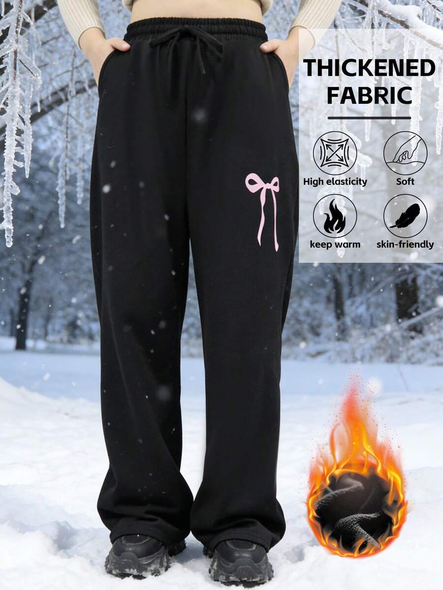 Plus Size Women's Trousers With Wide Legs And Adjustable Drawstring Trousers With Pockets Casual And Light Bow Print Wide Leg Pants Explosion In Autumn And Winter.