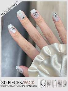 30pcs Nail Stickers, Short Square/Chinese Style Panda Pearl Print Nail Stickers, Enhance Elegance, Includes Jelly Gel And Adhesive Strips, Suitable For Layering, Reusable, Everyday Wear Nails Nail Supplies - Multicolor - View 2