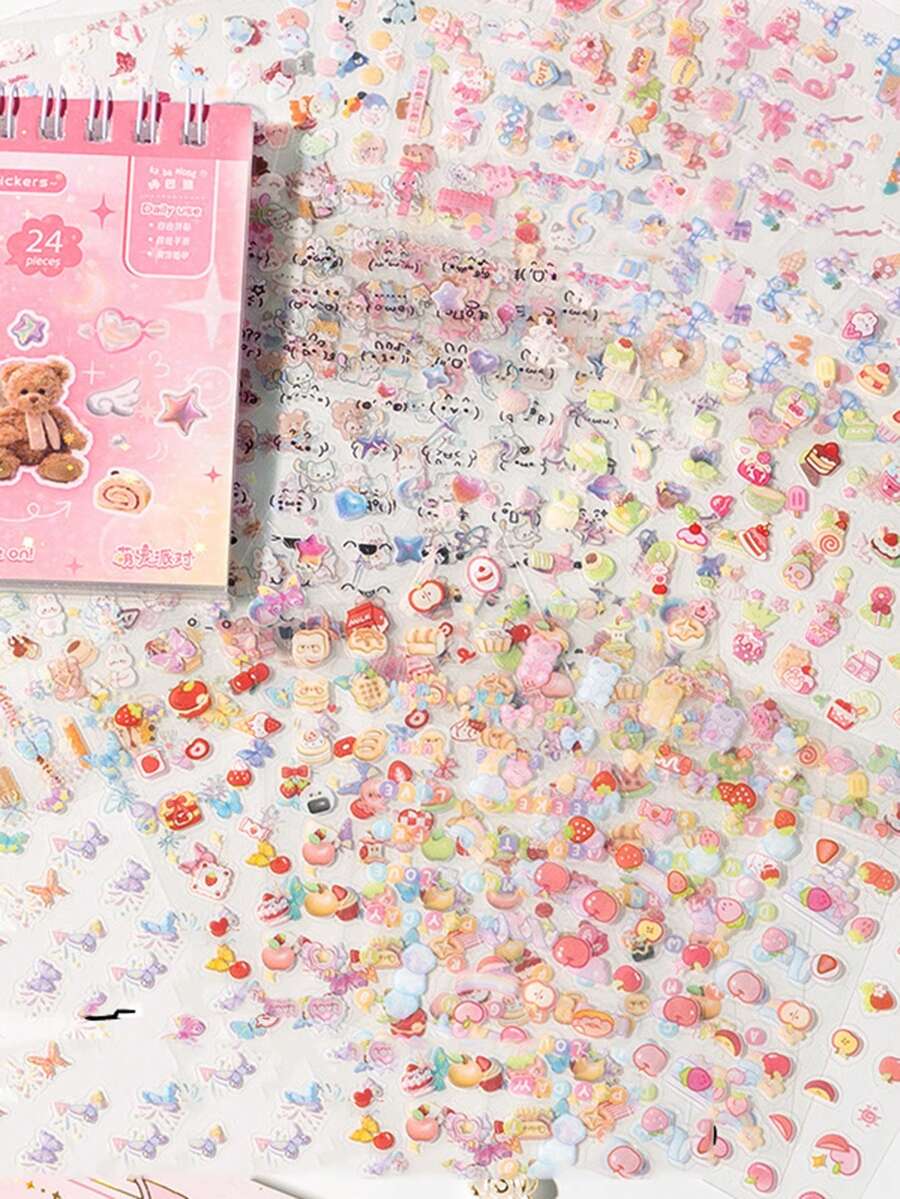 24张/套可爱少女风涂鸦贴纸，激光卡通贴纸，DIY笔记本装饰贴纸，适用于文具装饰、美甲、手机壳装饰、微景观口袋贴纸，可粘贴在行李箱、笔记本电脑、杯子等处。剪贴簿用品