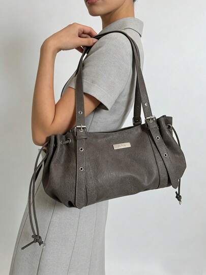 Vintage Gray Drawstring Bag, Casual Yet Versatile For Commuting, High-End Gray Soft Leather Tote Bag, Unlocking Elegant Office Style, Large Capacity Shoulder/Underarm Bag