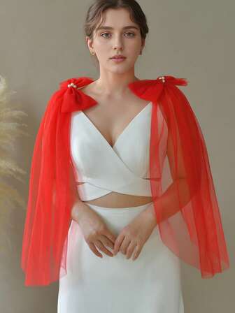 1 Coppia di scialli da donna con decorazione a fiocco rosso, regalo elegante e romantico per feste, matrimoni, balli, eventi per single