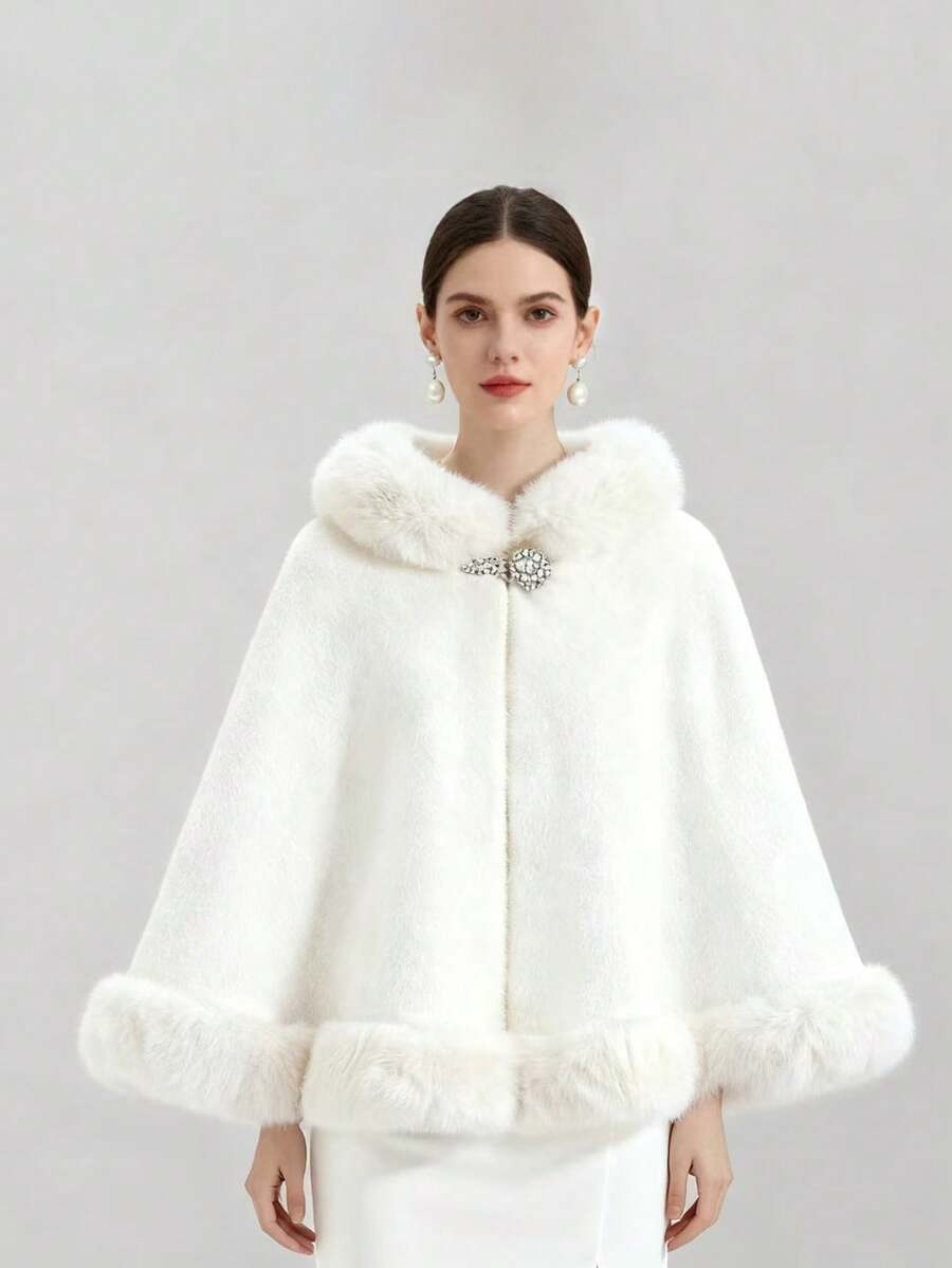 1件秋冬新款新娘婚纱仿毛领披肩斗篷白色超大针织开衫宽松斗篷外套，保暖防风 - A - 查看 1