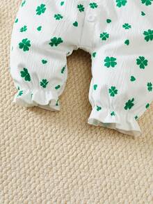 2pcs/Set Baby Girl St. Patrick's Day Clover Romper, Cute & Comfy Versatile Round Neck Puff Sleeve Clover Floral Print Long Sleeve Romper + Headband - Green - View 5