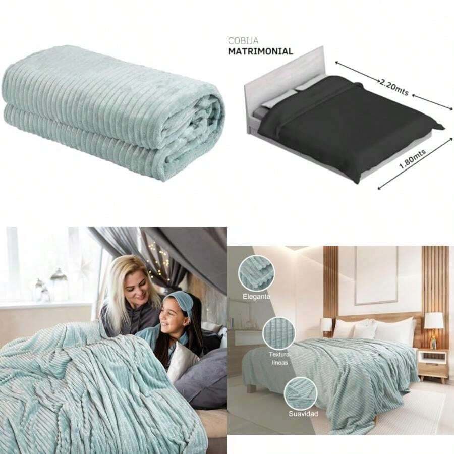 PALASSI de Rayas Suave y Caliente para Cama Sofa en Forro Polar, Distintos Colores y Tamaños Disponibles. (, )(Matrimonial Aqua) - Multicolor - Ver 1
