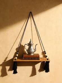 1件套流苏编织壁挂支架，波西米亚风格木质书架，易于安装，四季皆宜的百搭家居装饰，农舍木珠悬浮置物架，乡村风格悬挂式植物架——适用于卧室、客厅、花园、农舍、托儿所和书房