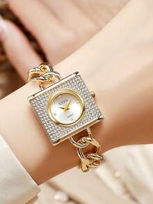 1pc/Set Square Fully Rhinestone Women's Bracelet Watch, Gold Thick Chain Paved Diamond Quartz Watch, Luxury Fashion Suitable For Women's Daily Wear Or Gift, Christmas, Valentine's Day, Ramadan, Eid, Carnival - one-size - View 10