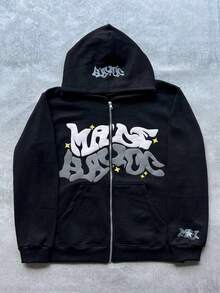 New Spring And Autumn Sweater Men's And Women's Fashion Wear Group Men's Hip-Hop Foam Letter Top Printing Hooded Zipper Sweater Christmas Match Women's Casual Top Cardigan Coat - 黑色 - 查看 1