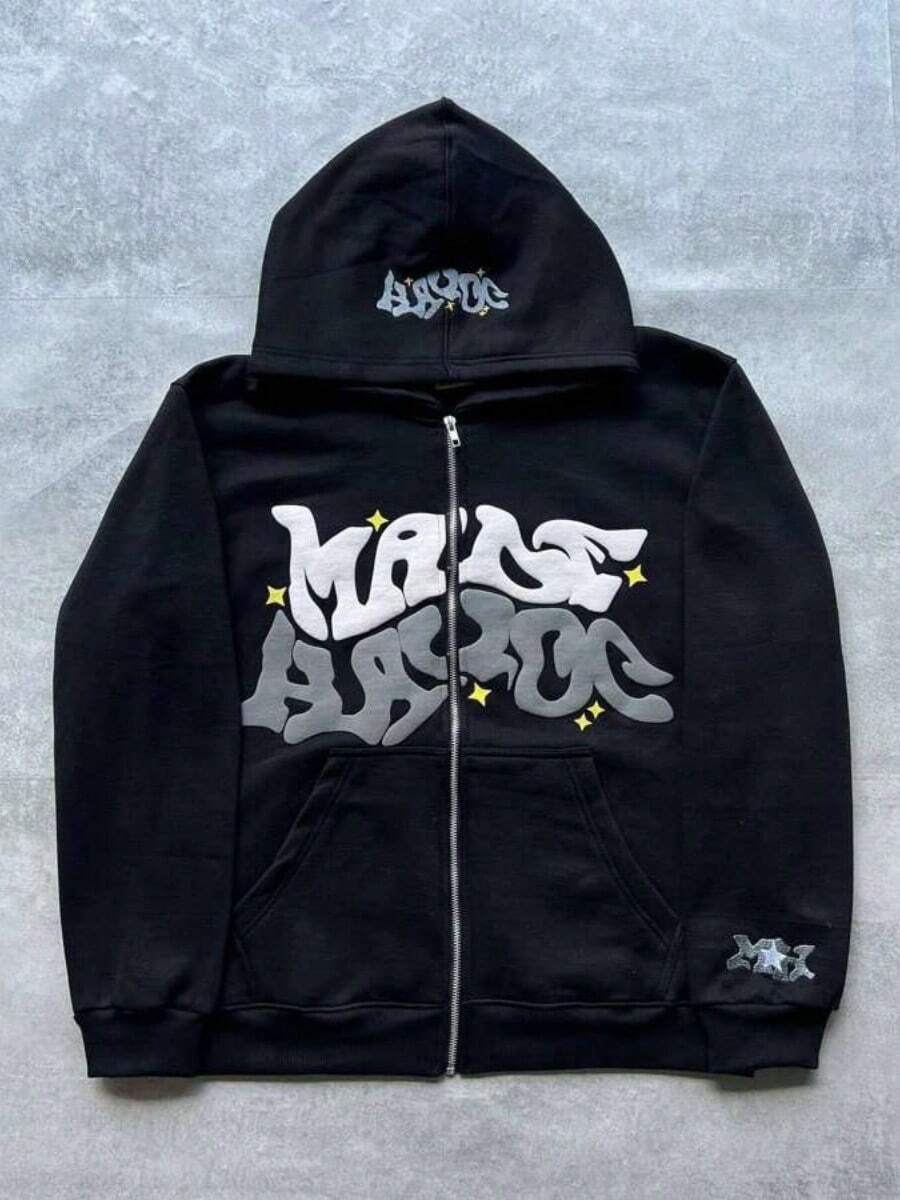 New Spring And Autumn Sweater Men's And Women's Fashion Wear Group Men's Hip-Hop Foam Letter Top Printing Hooded Zipper Sweater Christmas Match Women's Casual Top Cardigan Coat - 黑色 - 查看 1