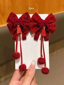 2个新年红色蝴蝶结流苏吊坠发夹，节日发饰，适合中国新年 - 紅色 - 查看 4