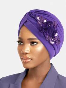 1pc Women's Sequin 3D Flower Printed Style Turban Hat, Suitable For Daily Use Hair Sleep Cap - Multicolor - View 6