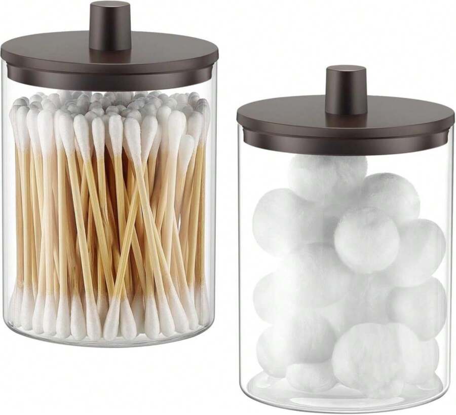 TIPGO Glass Qtip Holder Dispenser - 10 Oz Clear Canister Apothecary Jar, Bathroom Vanity Storage Organizer Set For Cotton Swabs, Pads, Floss Picks, Small Containers For Makeup Storage (2 Pack, Black) - ColorB - View 1