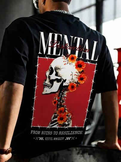  Krometka Men's Spring/Summer Casual Outdoor Sports Streetwear Skull & Floral Print Short Sleeve T-Shirt, Fashionable