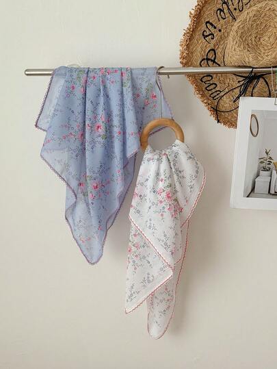 1条带锯齿边的亚麻碎花图案头巾，时尚艺术风格颈巾配饰，适合女士，春夏款