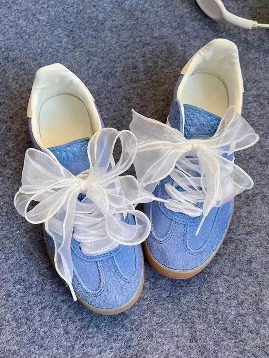 2条欧根纱蕾丝鞋带，透明芭蕾舞风格帆布鞋带，DIY甜美学院风珍珠鞋饰（不含鞋子） - 米色 - 查看 1