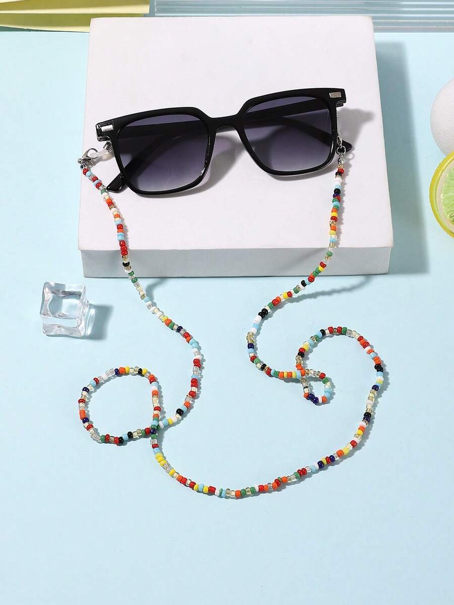 1副男女童（7-14岁）方形镜框时尚眼镜，配1条串珠眼镜链，方便假日活动和度假佩戴，附带眼镜盒。 - 彩色 - 查看 1