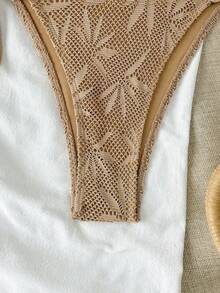 性感女士钩针编织比基尼套装，饰有海星图案，细肩带系带泳裤，中等弹力泳装 - 棕色 - 查看 8