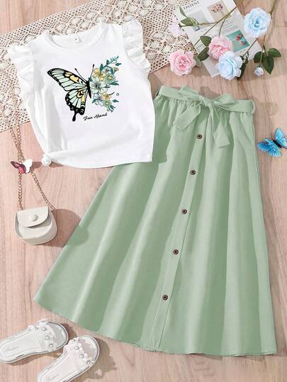 Tween Girl Butterfly & Flower Print T-Shirt With Front Button Skirt