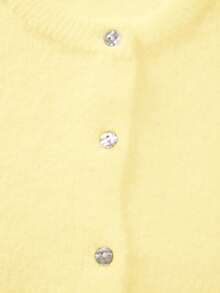 FOR BEAUTY 女士圆领扭花贝壳针织开衫，休闲纯黄色毛衣外套，春季上衣 - 鮮黃 - 查看 8