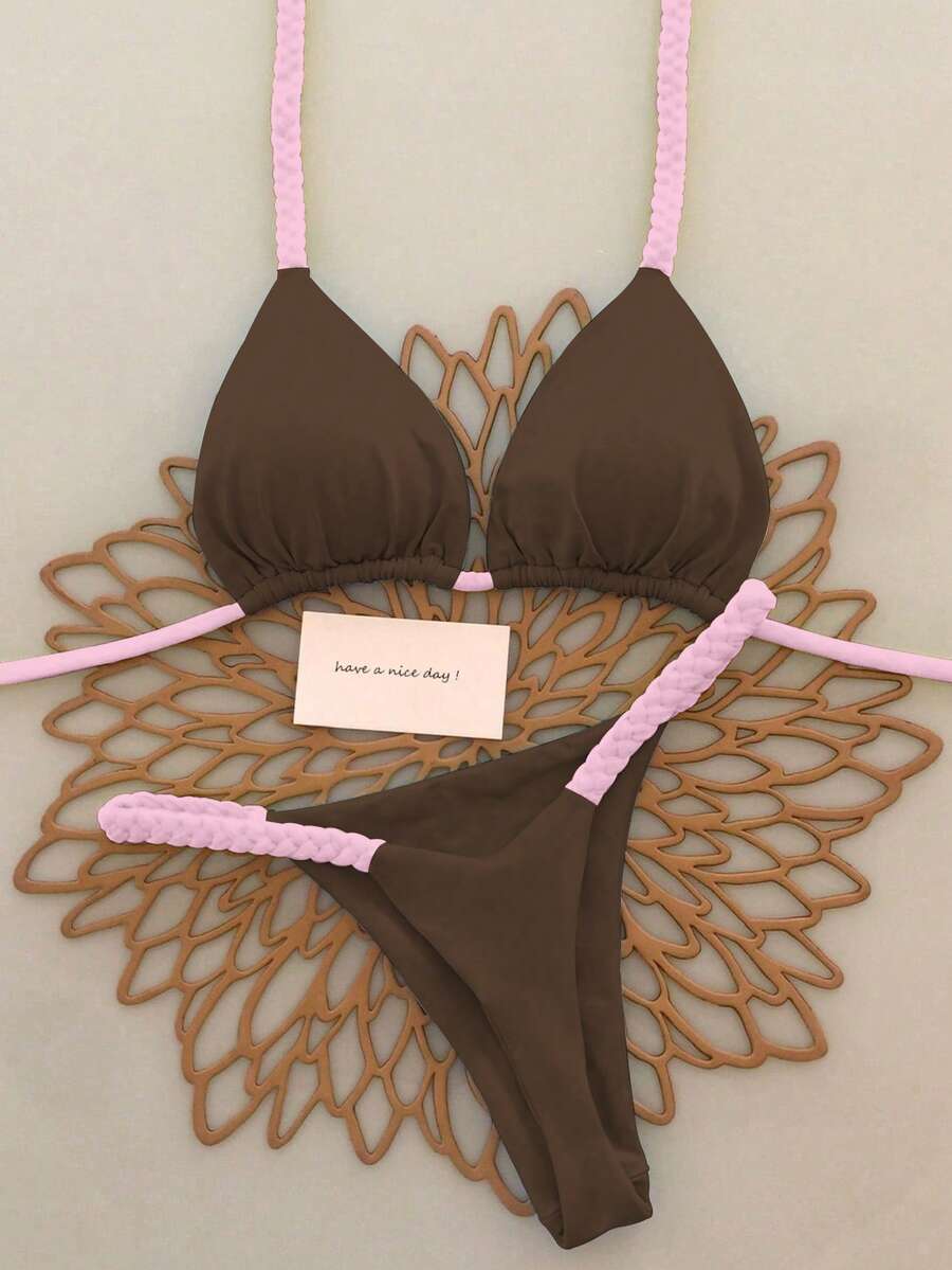 Bộ 2 món bikini dây bện màu nâu và hồng dành cho nữ, áo tắm phối màu ngọt ngào gợi cảm cho kỳ nghỉ biển 2026, trang phục sinh nhật cho nữ, đồ tập thể dục cho nữ, váy thanh lịch cho nữ, trang phục đi nghỉ mát cho nữ, áo thun thường ngày cho nữ - Nhiều màu - Xem 1
