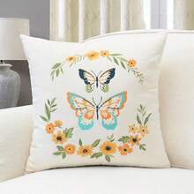 1pc Spring & Summer Floral Embroidered Throw Pillow Cover, Butterfly Wreath Cushion Cover, Suitable For Indoor Decor, All Season Pillow Sham, Pillow Insert Not Included - Multicolor - View 9