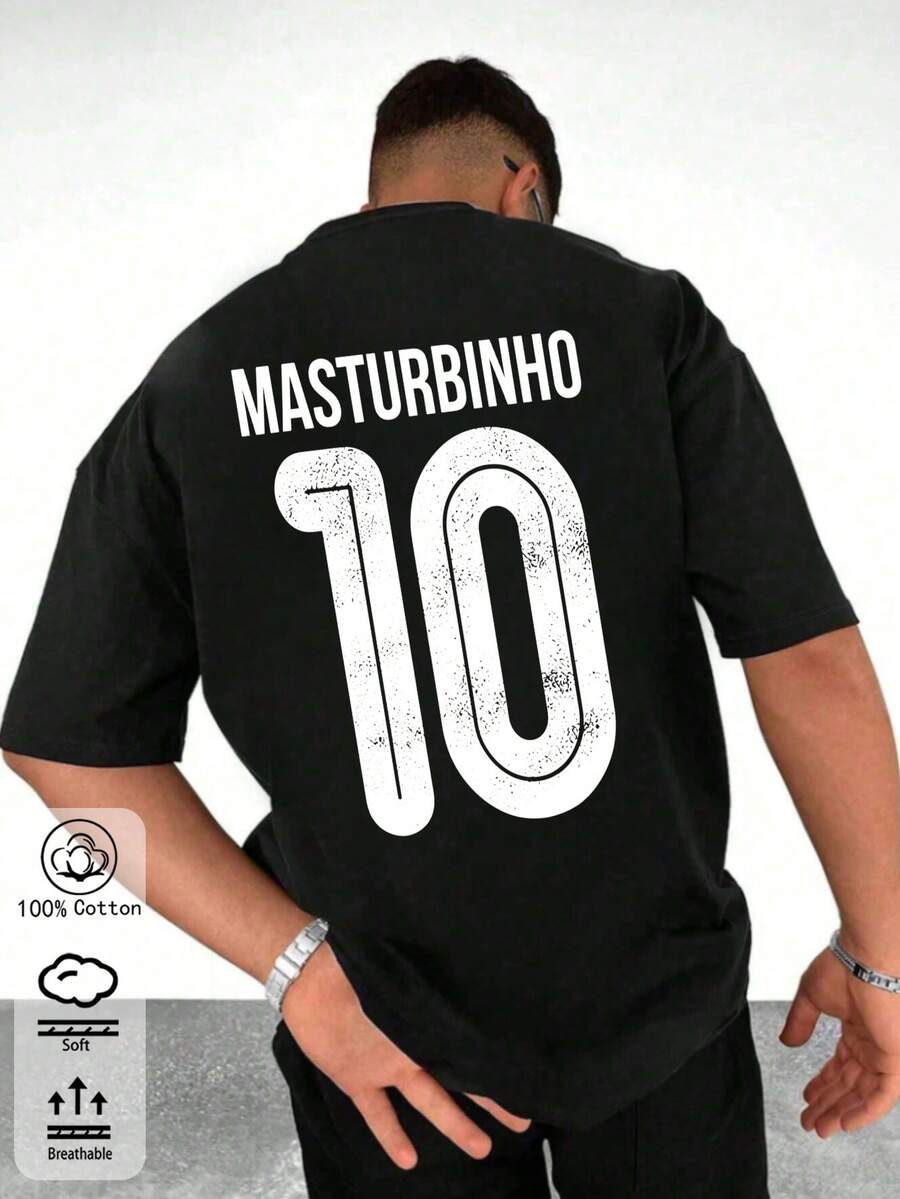 Áo thun 100% cotton màu đen, in hình số 10 và chữ "MASTURBINHO" theo phong cách cổ điển, mềm mại và thoải mái cho mùa xuân/hè, đa năng cho cả mặc hàng ngày và đi nghỉ mát. - màu đen - Xem 1