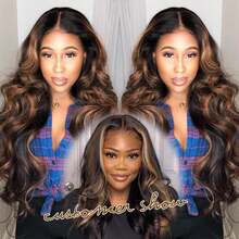 V Part Body Wavy Wig With Black Long With Highlight Brown Upgrade U Part Synthetic Water Wavy Wigs For Women Clip In Hair Glueless Synthetic Wigs (Brown Mix Black ) - 1B/30/350 - 查看 2