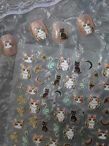 1Pc 5D Nail Art Stickers Black/Golden Cat Moon Star Manicure Decal For Girls - Multicolor - View 2