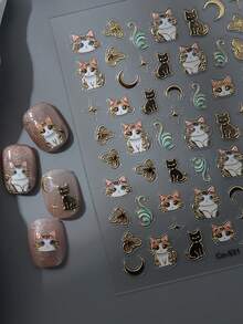 1Pc 5D Nail Art Stickers Black/Golden Cat Moon Star Manicure Decal For Girls - Multicolor - View 5