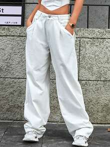 快乐女孩夏季性感音乐节低腰阔腿年轻大学生百搭休闲度假时尚酷炫女式Y2K千禧白色牛仔裤 - 白色 - 查看 1