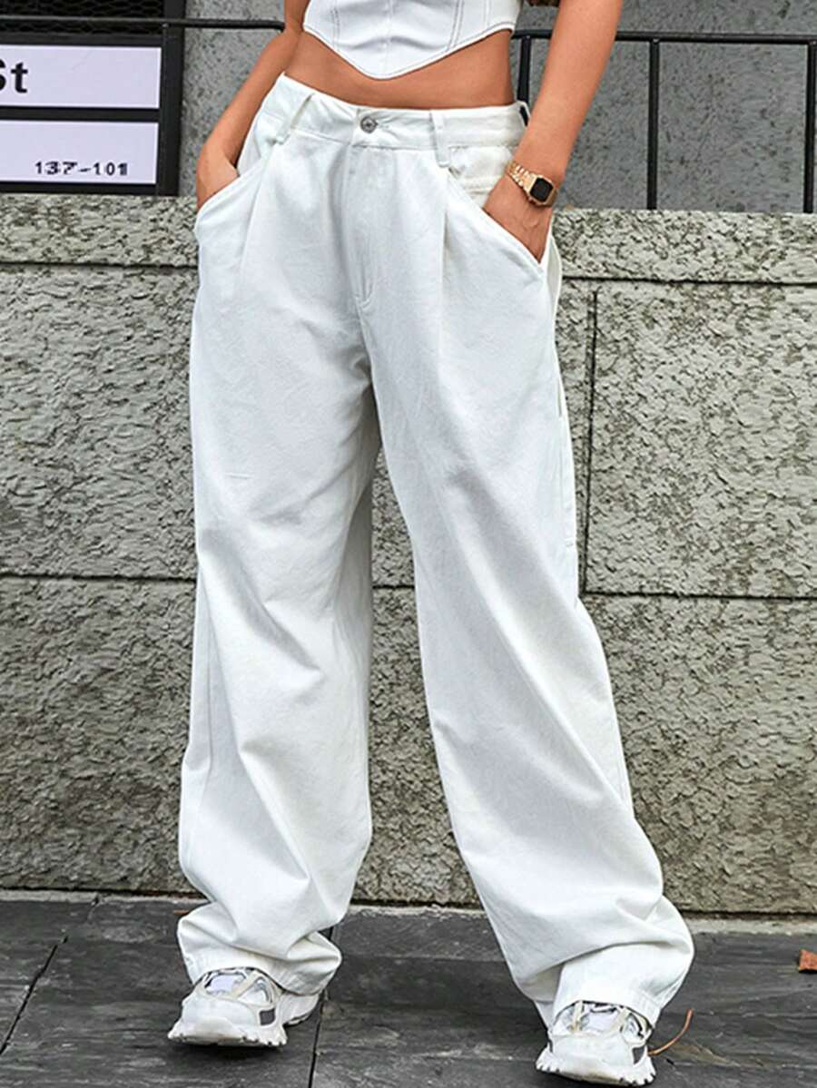 快乐女孩夏季性感音乐节低腰阔腿年轻大学生百搭休闲度假时尚酷炫女式Y2K千禧白色牛仔裤 - 白色 - 查看 1