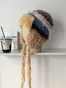 1 Stück Warme gestreifte Strickkappe mit Ohrklappen für Frauen, windundurchlässige dicke gestrickte Mütze für Herbst/Winter - Verschiedenfarbig - Übersicht 24