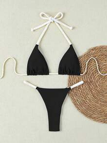 Bộ bikini 2 mảnh màu đen trắng với dây đeo bện, đồ bơi gợi cảm phối màu tươi tắn và ngọt ngào cho kỳ nghỉ biển 2026, trang phục sinh nhật cho nữ, đồ tập thể dục cho nữ, váy thanh lịch cho nữ, trang phục đi nghỉ mát cho nữ, áo thun thường ngày cho nữ - Nhiều màu - Xem 2